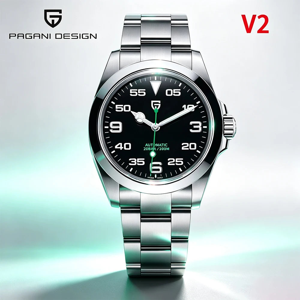 PAGANI DESIGN V2 Air King Reloj Automático de Lujo para Hombre Marca de Prestigio 40MM Reloj Mecánico de Acero Inoxidable Cristal de Zafiro con Revestimiento Antirreflejante 200m Resistente al Agua Reloj Automático