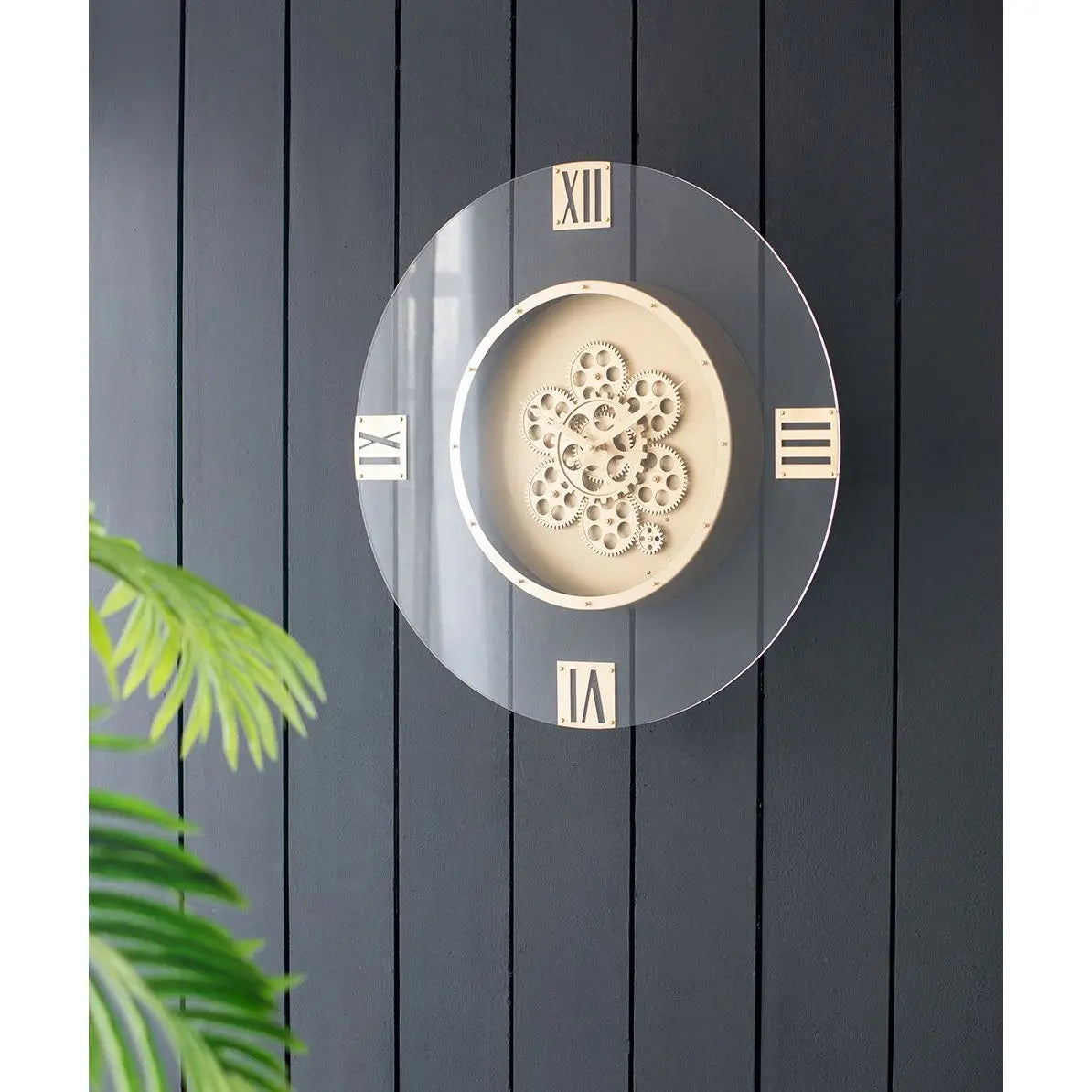 Reloj de pared redondo de 23,5\" con diseño de números romanos y engranajes móviles
