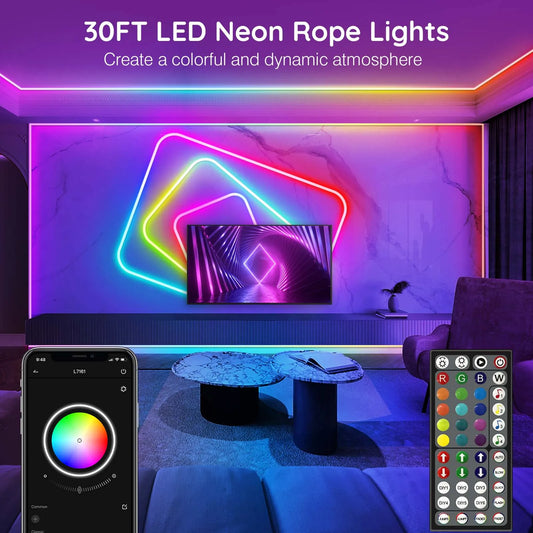 32.8Ft LED Neon Rope Lights, RGBIC Flexible Outdoor Waterproof Lights with APP & Remote Control, IP65 Water Resistant, Music Sync & Gaming Modes, Multicolor Decor for Bedroom, Patio, Holiday (32.8Ft-1ROLL)