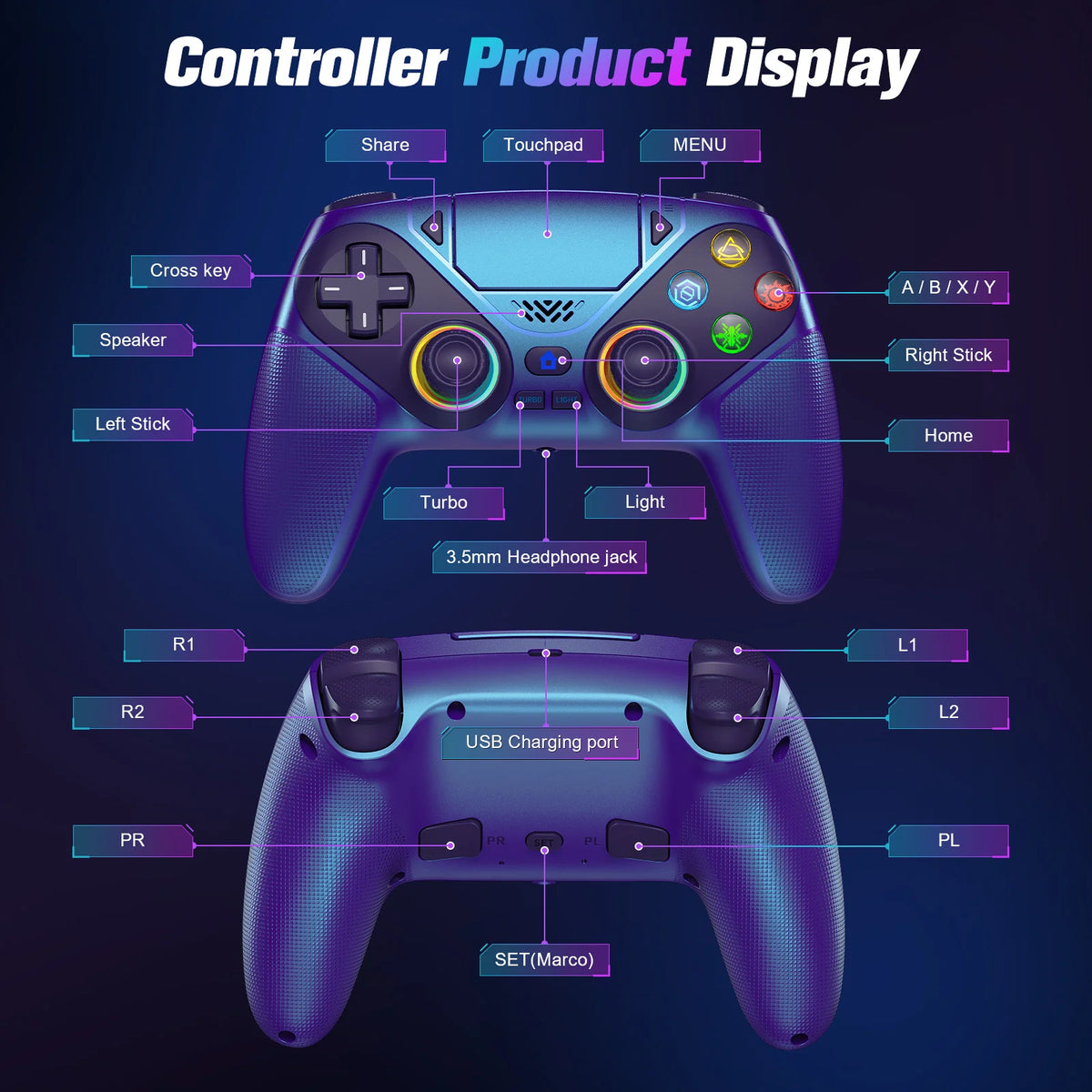 Para mando de PlayStation 5, mando inalámbrico RGB con Bluetooth, gamepad para PS5 con macro/turbo y vibración DualSense