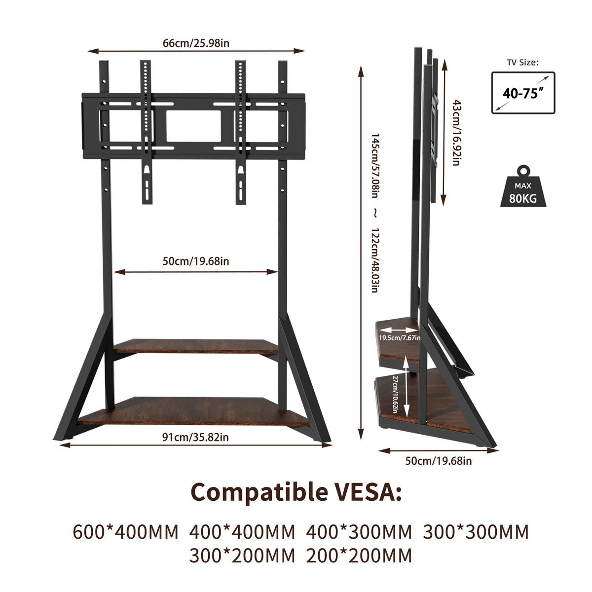 Adjustable Height Rolling TV Floor Stand Industrial Television TV Mount Bracket for 40-75 Inches Max Load 80KG
