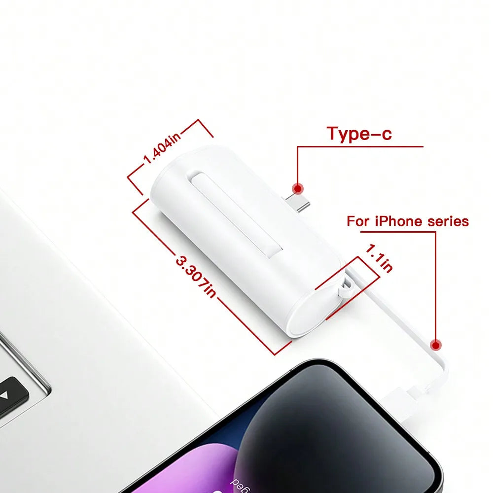 Mini Portable Mobile Phone Charger 5000mAh Power Bank, Built-In Type-C USB C Block Interface Charging, Output 5V/2A, Built-In LED Light,