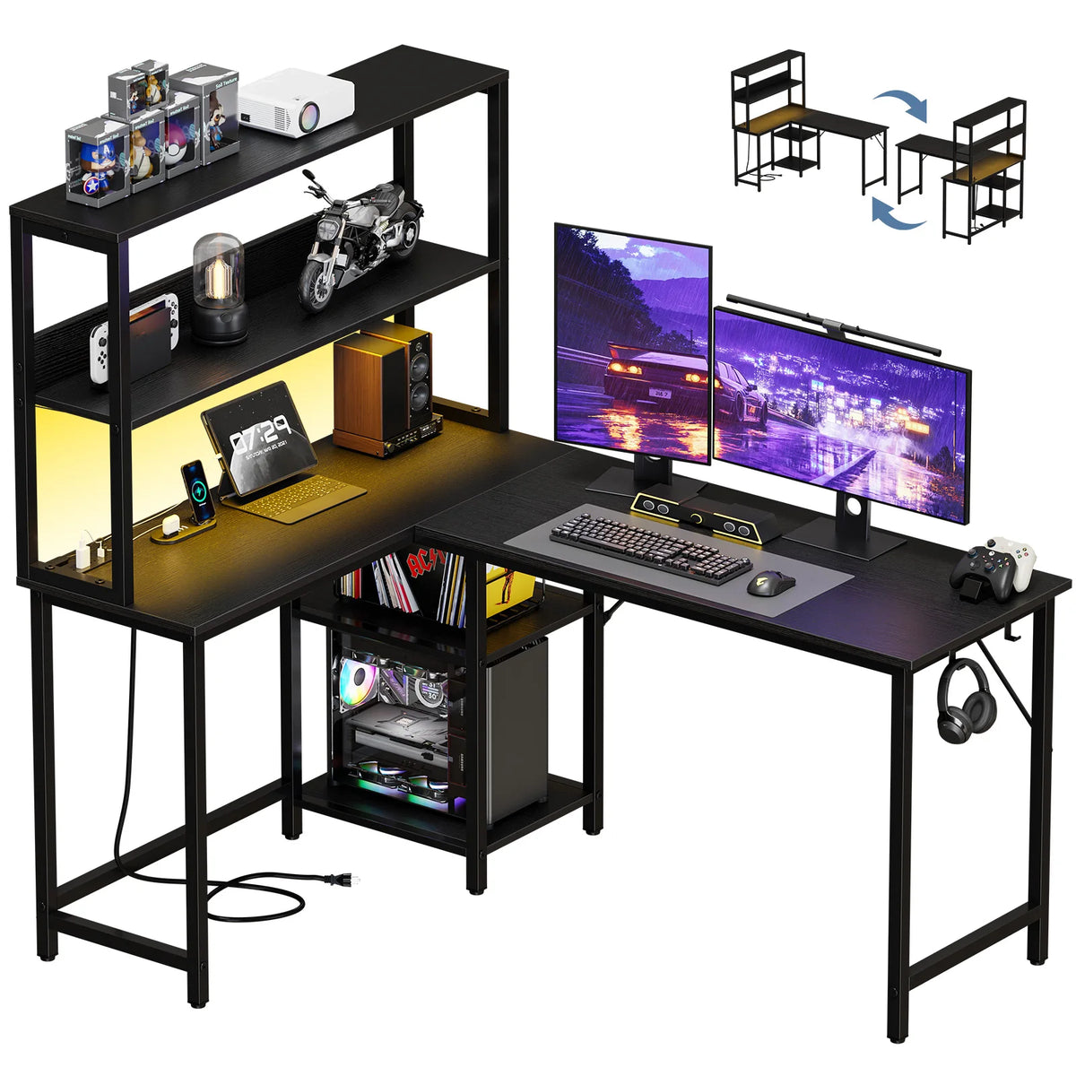 Escritorio para juegos JHK de 53 pulgadas en forma de L con luz LED, escritorio para computadora reversible con estante ajustable, toma de corriente USB, escritorio esquinero con soporte para CPU para oficina en casa