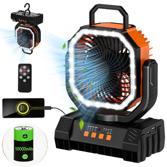 Camping Fan 10000mAh Battery Powered Fan 4 Speeds with LED Light/Hook Rechargeable Outdoor Fan Rechargeable Camping Fan for Party/Power Outage/Fishing Outdoor Cooling Fan, Battery Fan with Light, Car Fan, Picnic Accessories,