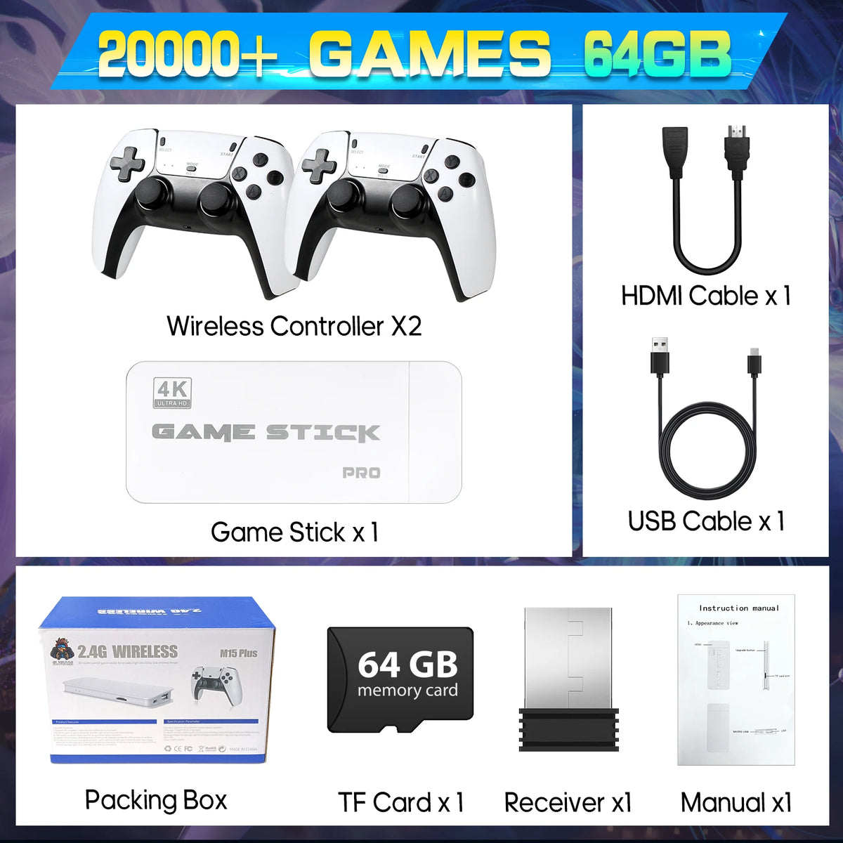 Consola portátil retro M15 4K TV Stick, mando inalámbrico dual 2.4G, más de 20000 juegos clásicos y 23 emuladores clásicos