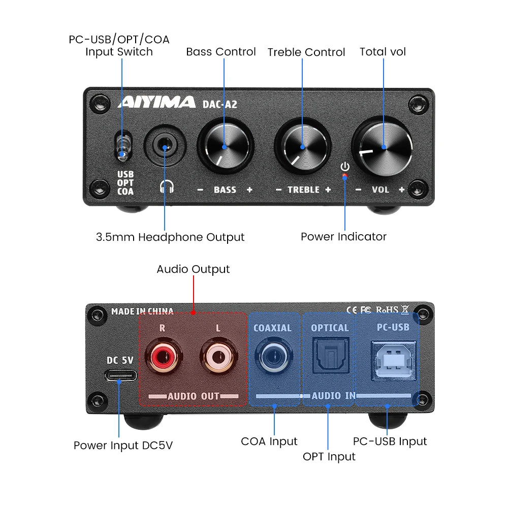 AIYIMA Audio A2 Mini Estéreo USB Decodificador DAC Amplificador de Auriculares Adaptador Conversor para Escritorio Altavoz Activo Alimentado