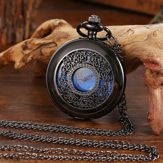 Reloj de bolsillo antiguo de bronce hueco con esfera azul cielo estrellada y cuarzo, reloj de pulsera vintage con números romanos