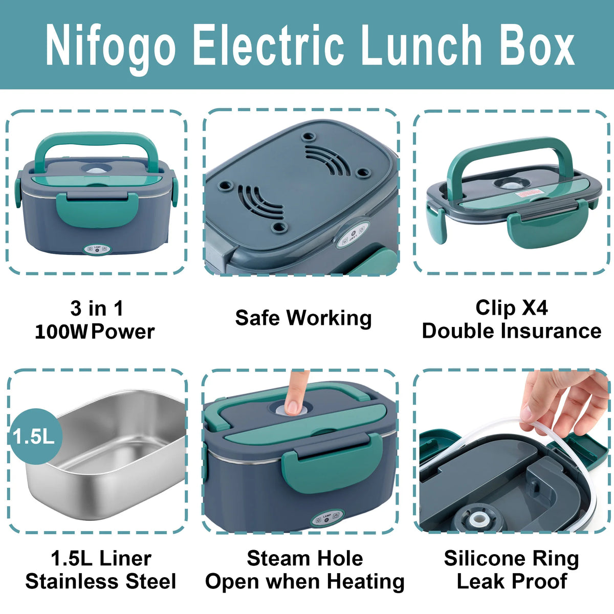 100W Electric Heating Lunch Box 1.5L, 304 Stainless Steel Portable Food Warmer Heater with Insulated Carry Bag, Spoon & Fork, Dual Use for Car 12V / Home 110V Office Travel Meal Container
