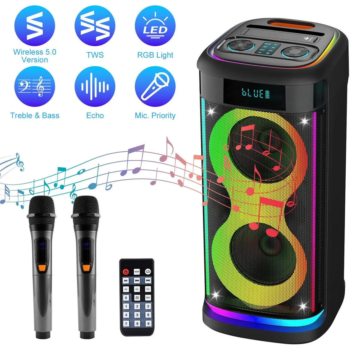 Black Portable for 5.0 Party Speaker LED Light Display Screen Mic Remote Control TWS Treble Bass Echo 10-15 Hours Playtime
