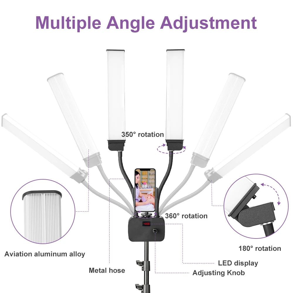 Luz LED de anillo para pestañas con doble brazo, luz de relleno LED para belleza con trípode de 200 cm para maquillaje, vídeo, fotografía de pestañas e iluminación de selfies