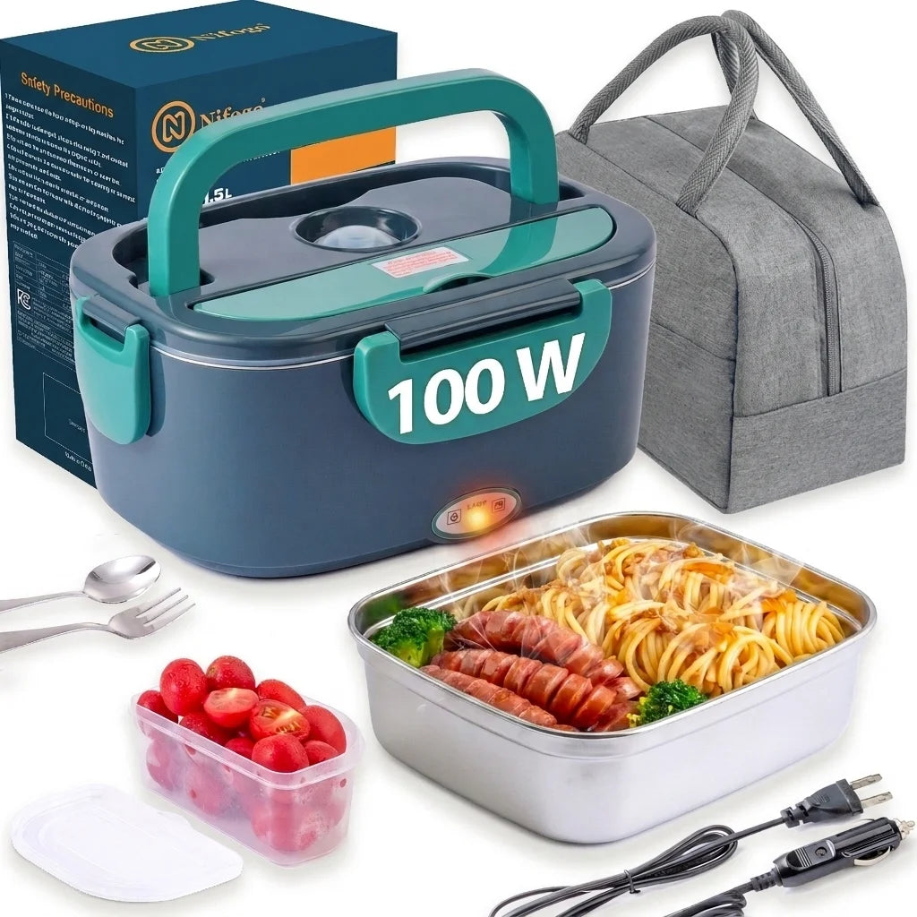 100W Electric Heating Lunch Box 1.5L, 304 Stainless Steel Portable Food Warmer Heater with Insulated Carry Bag, Spoon & Fork, Dual Use for Car 12V / Home 110V Office Travel Meal Container