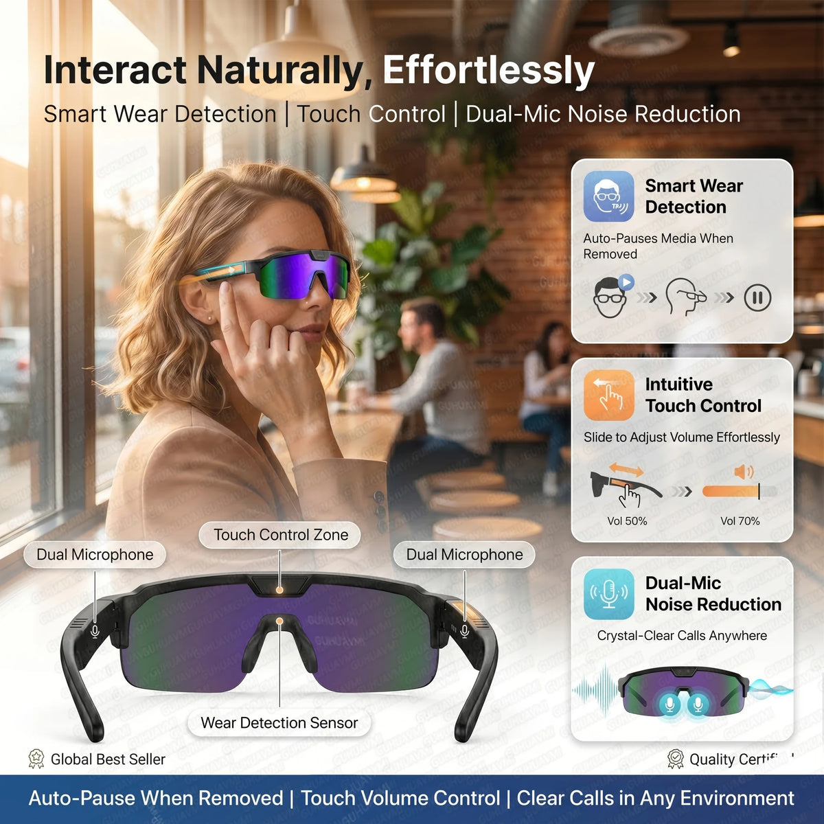 Gafas inteligentes deportivas con cámara 4K HD antivibración, altavoces estéreo 3D, lentes polarizadas UV400, Bluetooth e IA para grabar vídeos en primera persona al aire libre