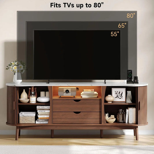 Mueble de TV acanalado de 70 pulgadas para televisores de hasta 80", consola moderna de mediados de siglo en forma de frijol con USB/toma de corriente, luces LED y almacenamiento - para sala de estar, dormitorio (negro/nogal)