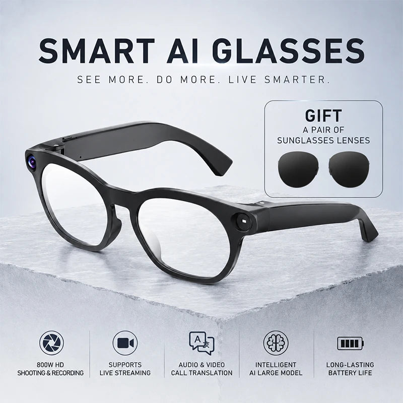 Gafas inteligentes 2026 con cámara de 800 W, audio y vídeo 1080P, traducción en línea, llamadas, asistente de voz y preguntas y respuestas inteligentes, batería de 290 mAh