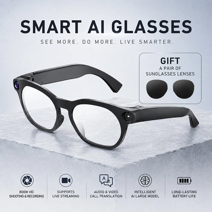 Gafas inteligentes 2026 con cámara de 800 W, audio y vídeo 1080P, traducción en línea, llamadas, asistente de voz y preguntas y respuestas inteligentes, batería de 290 mAh