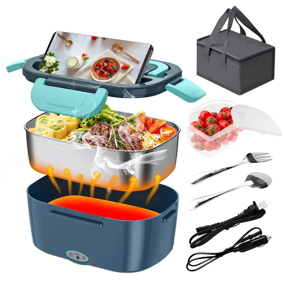 100W Electric Heating Lunch Box 1.5L, 304 Stainless Steel Portable Food Warmer Heater with Insulated Carry Bag, Spoon & Fork, Dual Use for Car 12V / Home 110V Office Travel Meal Container