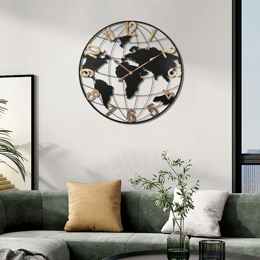 Large 36-Inch Black Metal Wall Clock World Map Design Modern Silent Vintage Gold Arabic Numeral Decorative for Living Dining